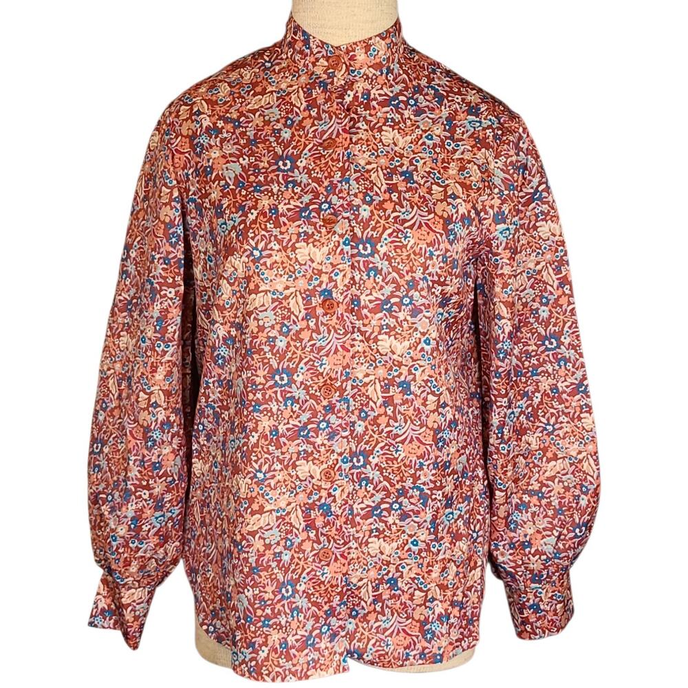 Vintage 70s Disco Shirt Womens Large Brown Floral Retro Button Up Puff Sleeve LG